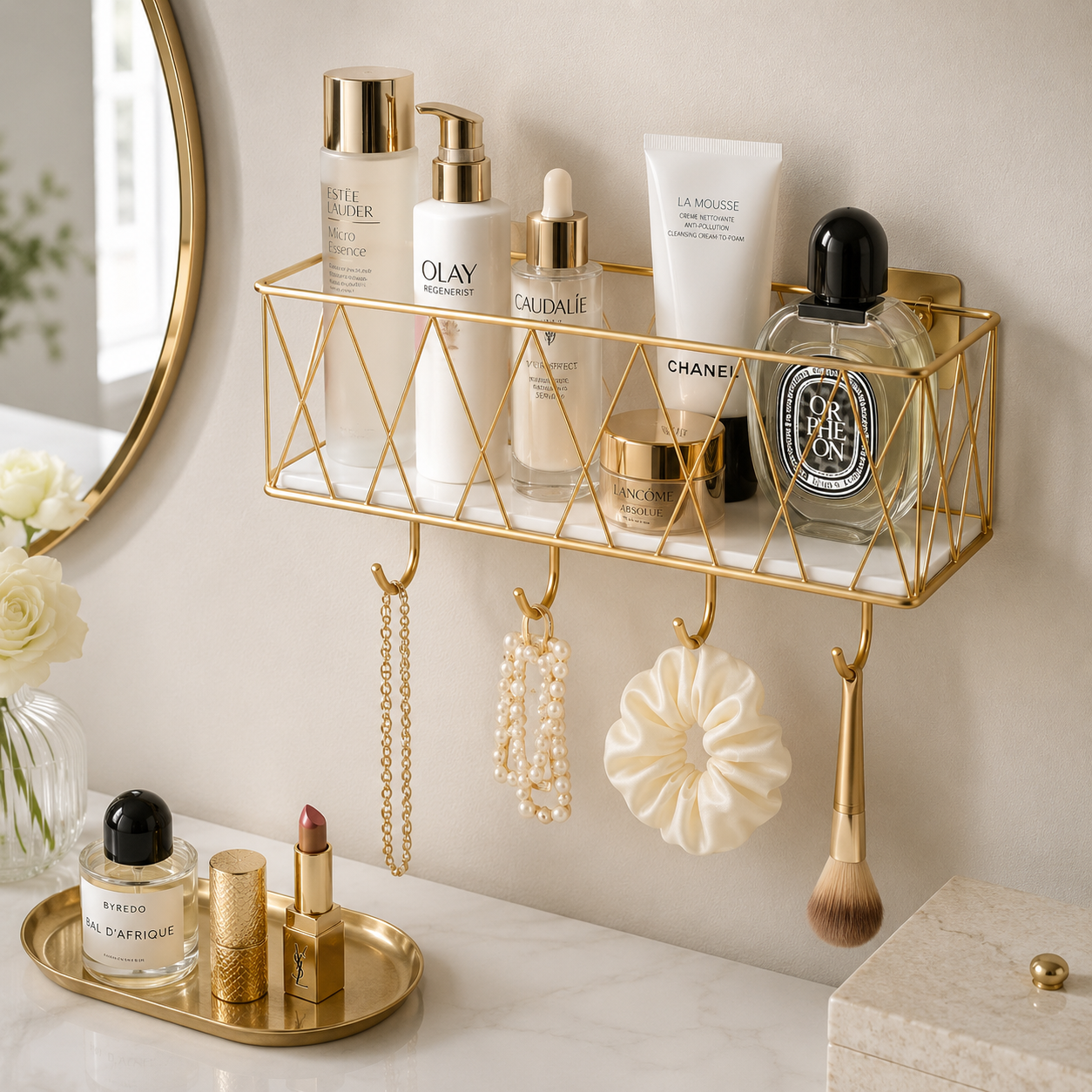 Luxury Gold Wall Mounted Cosmetic Organizer Shelf with Hooks