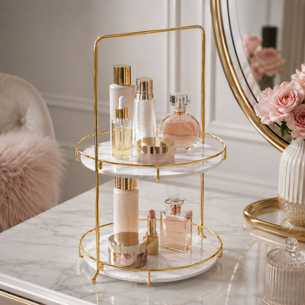 Luxury 2 Tier Black Marble Cosmetic Organizer Tray with Golden Stand
