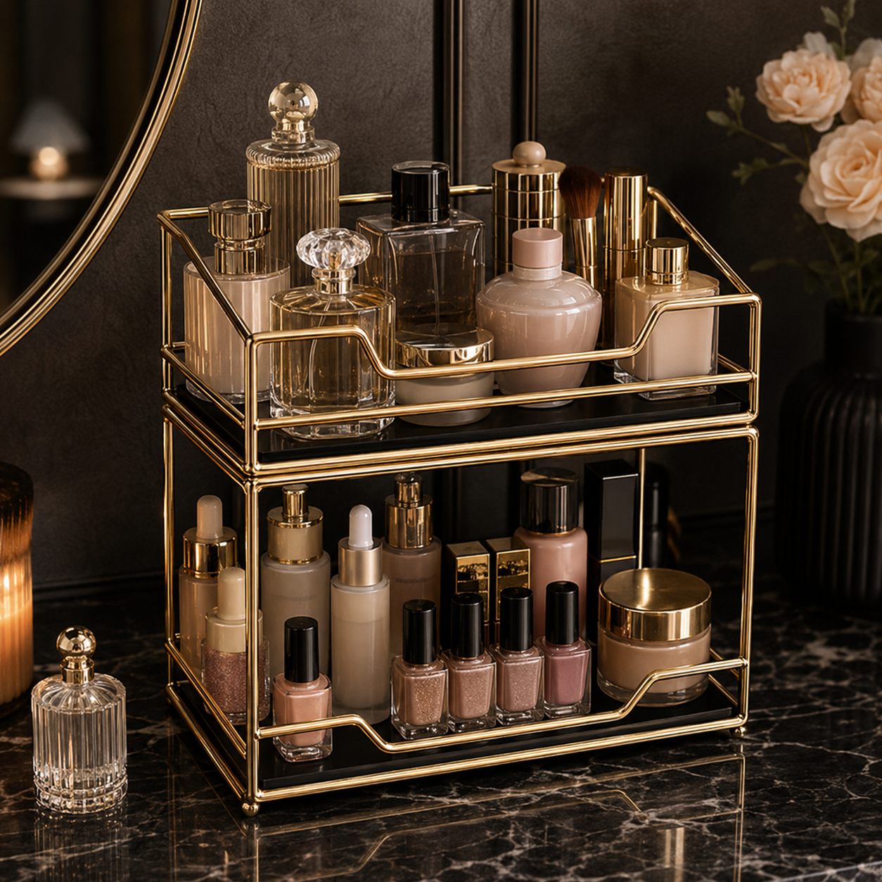 Luxury 2 Tier Gold Cosmetic Organizer Tray