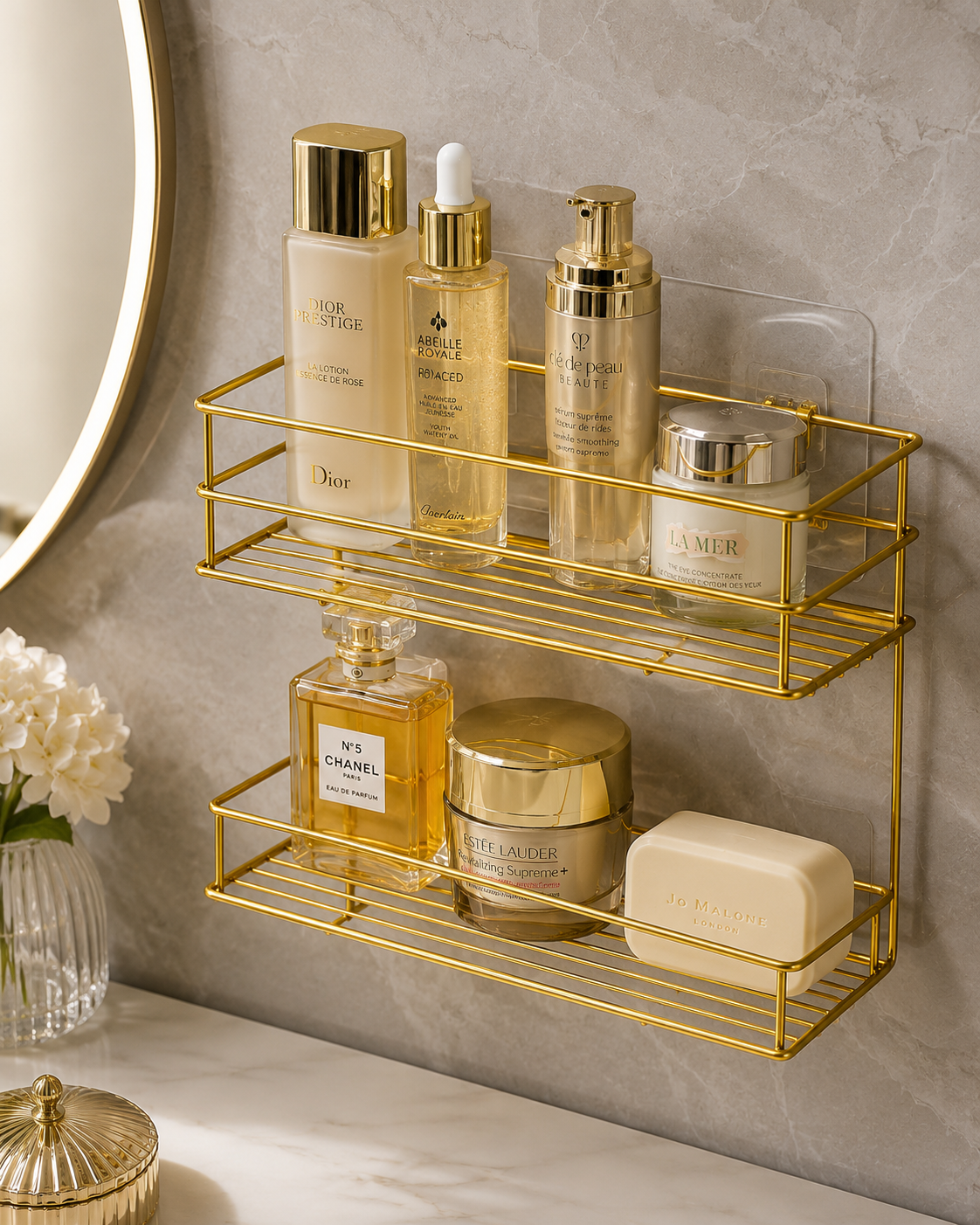 Luxury Gold Wall Mounted 2-Tier Bathroom & Cosmetic Organizer Rack