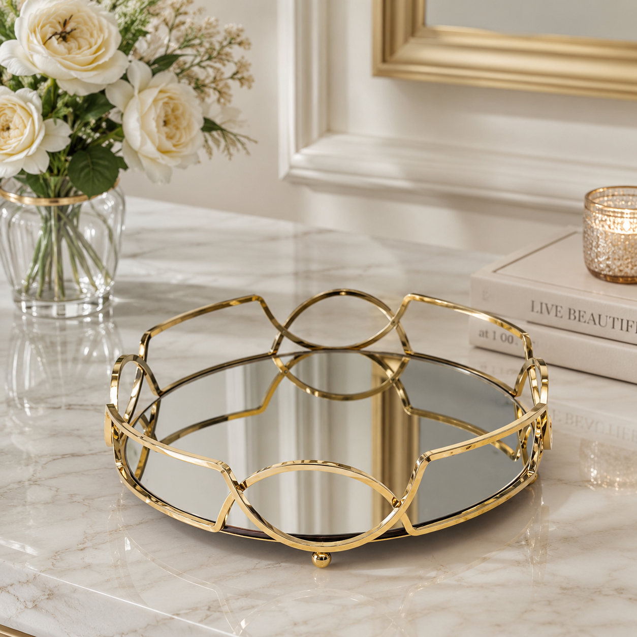 Round Shape Metal & Glass Cosmetics Storage Tray – Elegant Vanity Organizer