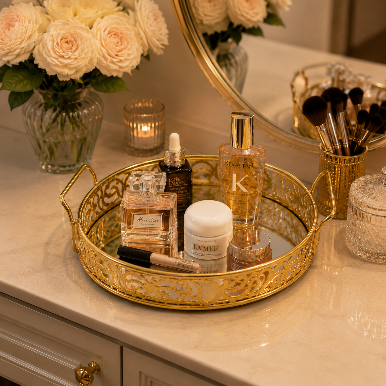Luxury Golden Round Mirror Tray with Handles