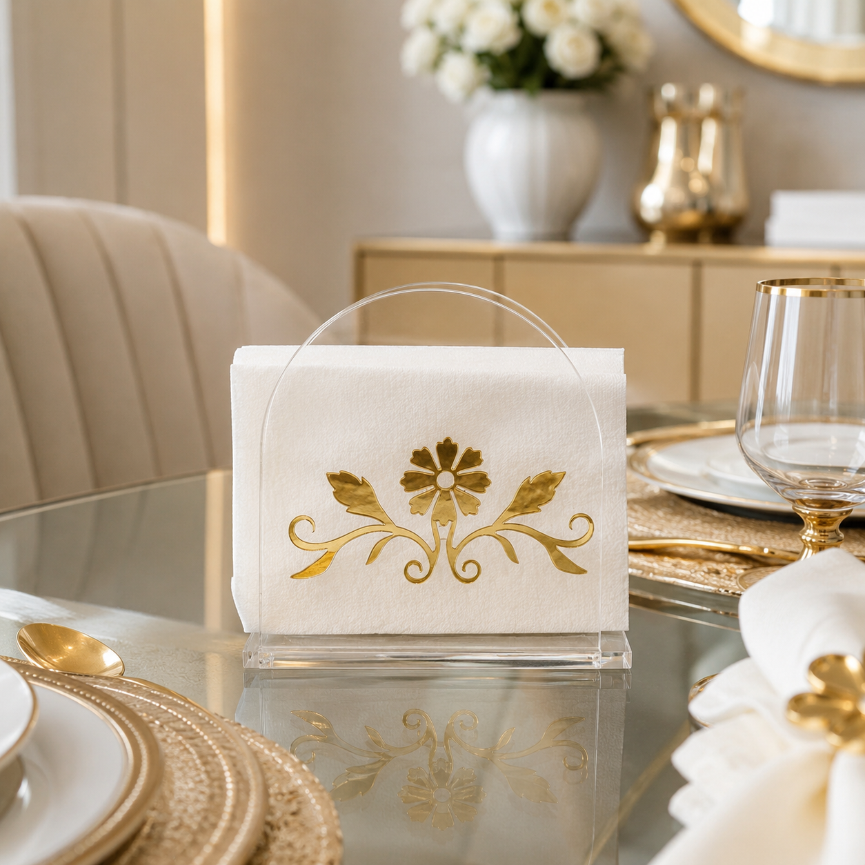 Luxury Golden Floral Acrylic Tissue Organizer