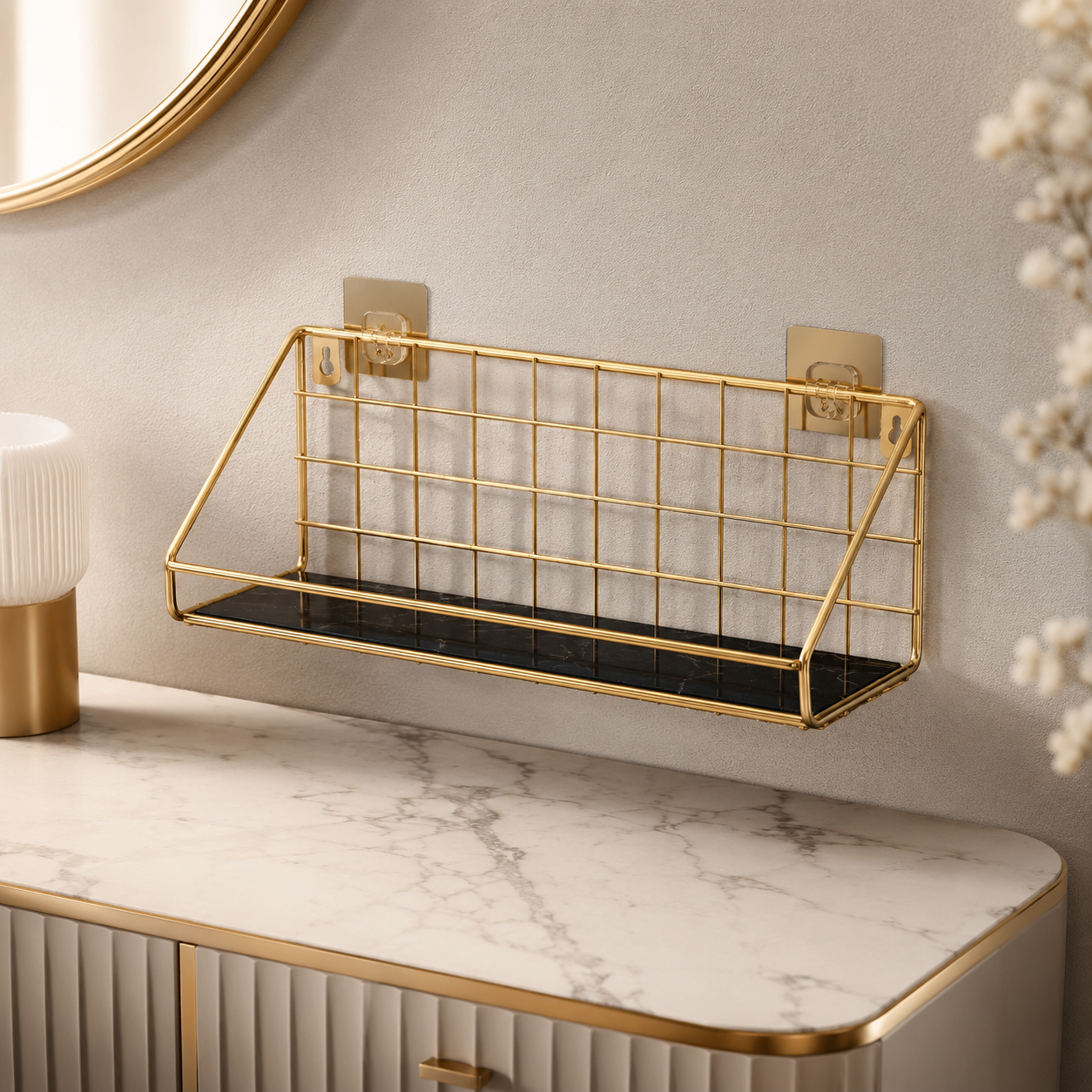 Luxury Gold Wall Mounted Cosmetic Organizer Rack – White & Black Tray