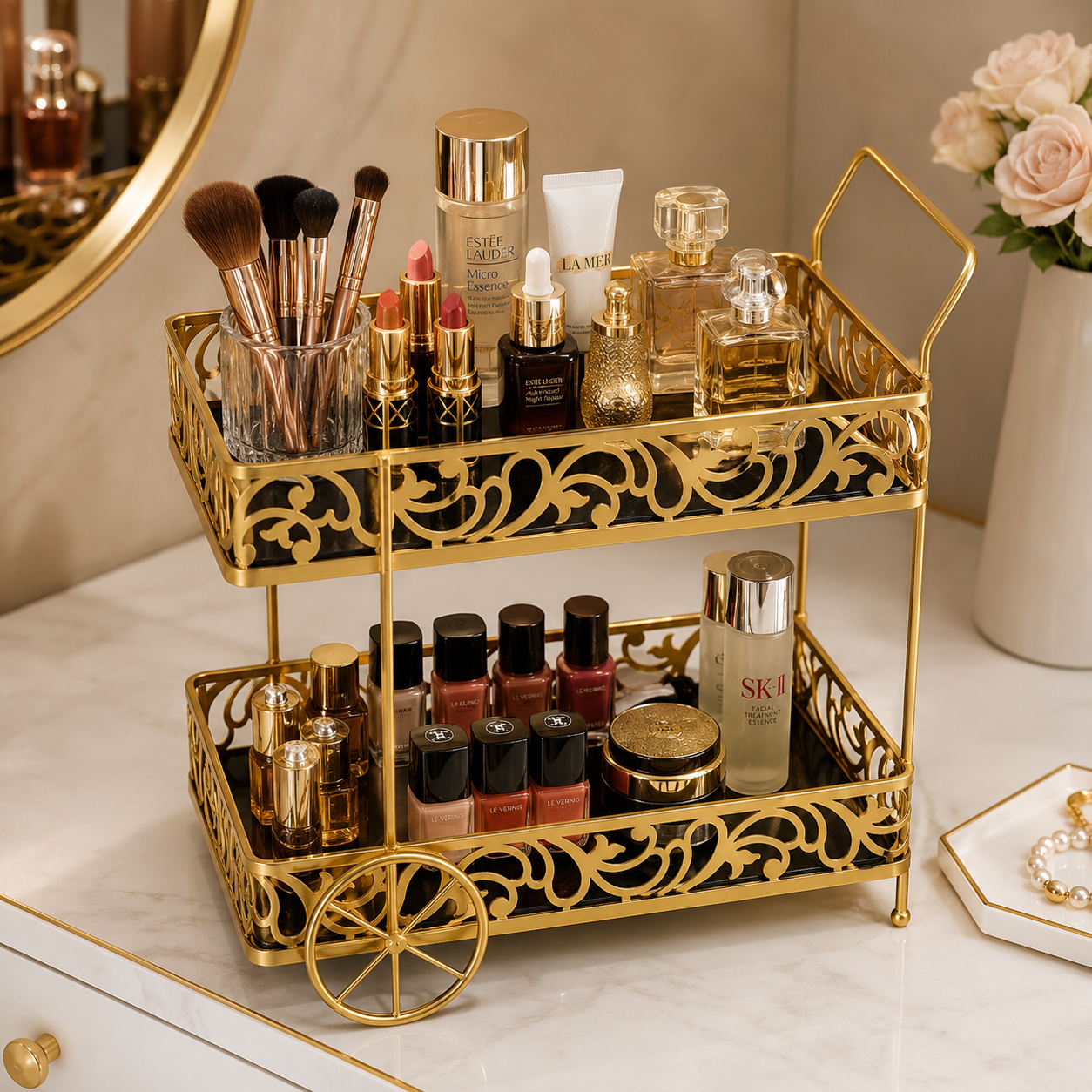 Luxury Gold 2-Tier Cosmetic Organizer Tray