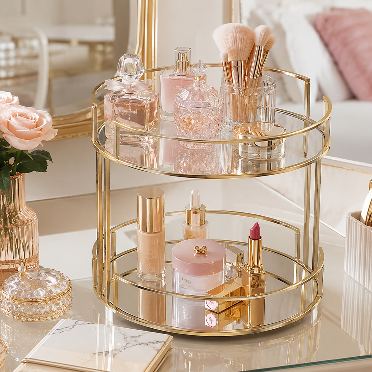 Luxury 2 Tier Gold Mirror Cosmetic Organizer Tray