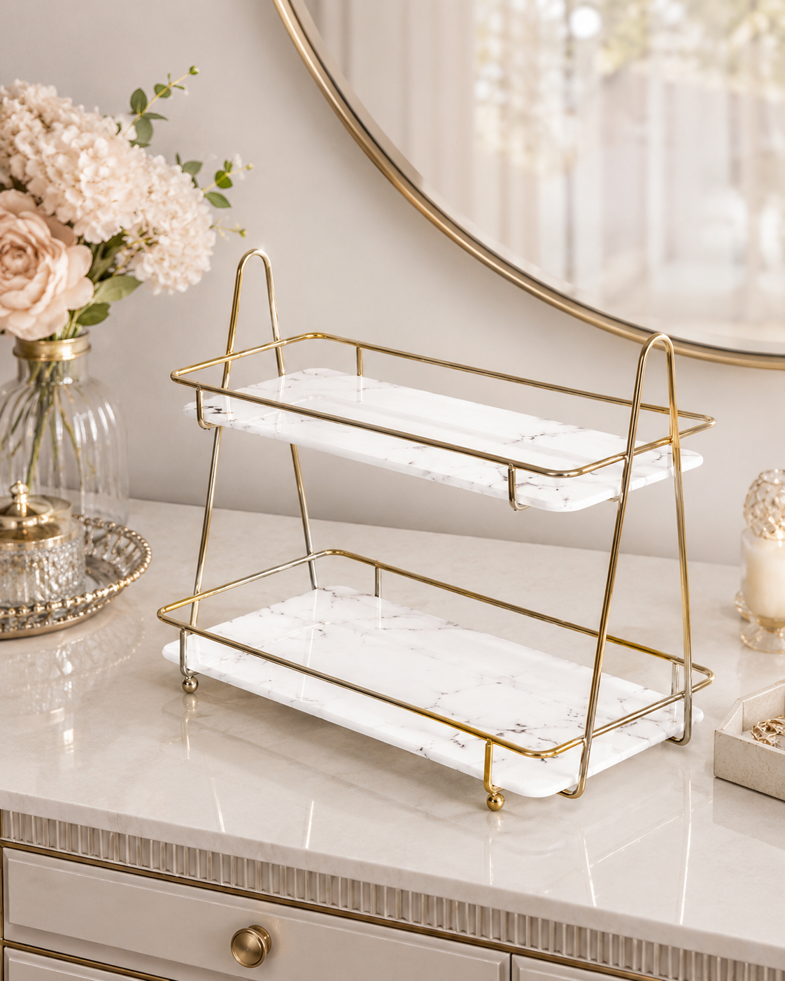 Luxury 2-Tier Cosmetic Organizer Stand – Gold Frame Vanity Tray