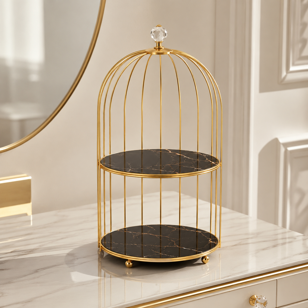 2 Layers Cosmetics Cage Organizer – Elegant Vanity & Makeup Storage Rack