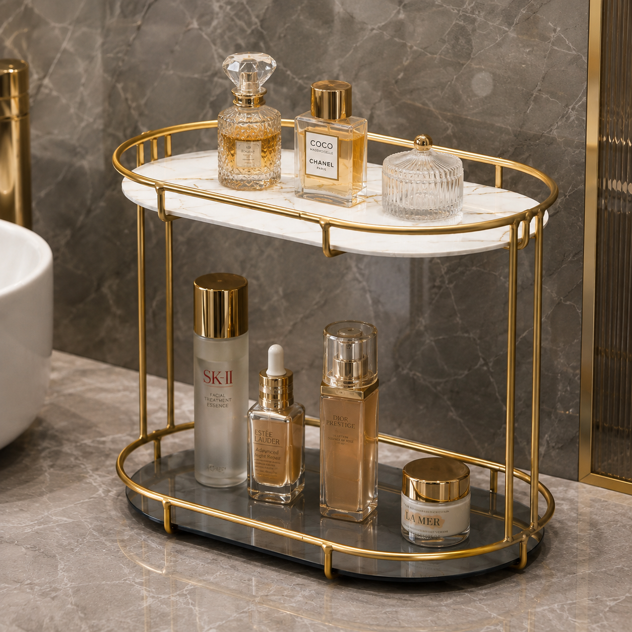 Luxury 2 Tier Golden Bathroom & Cosmetic Organizer Stand