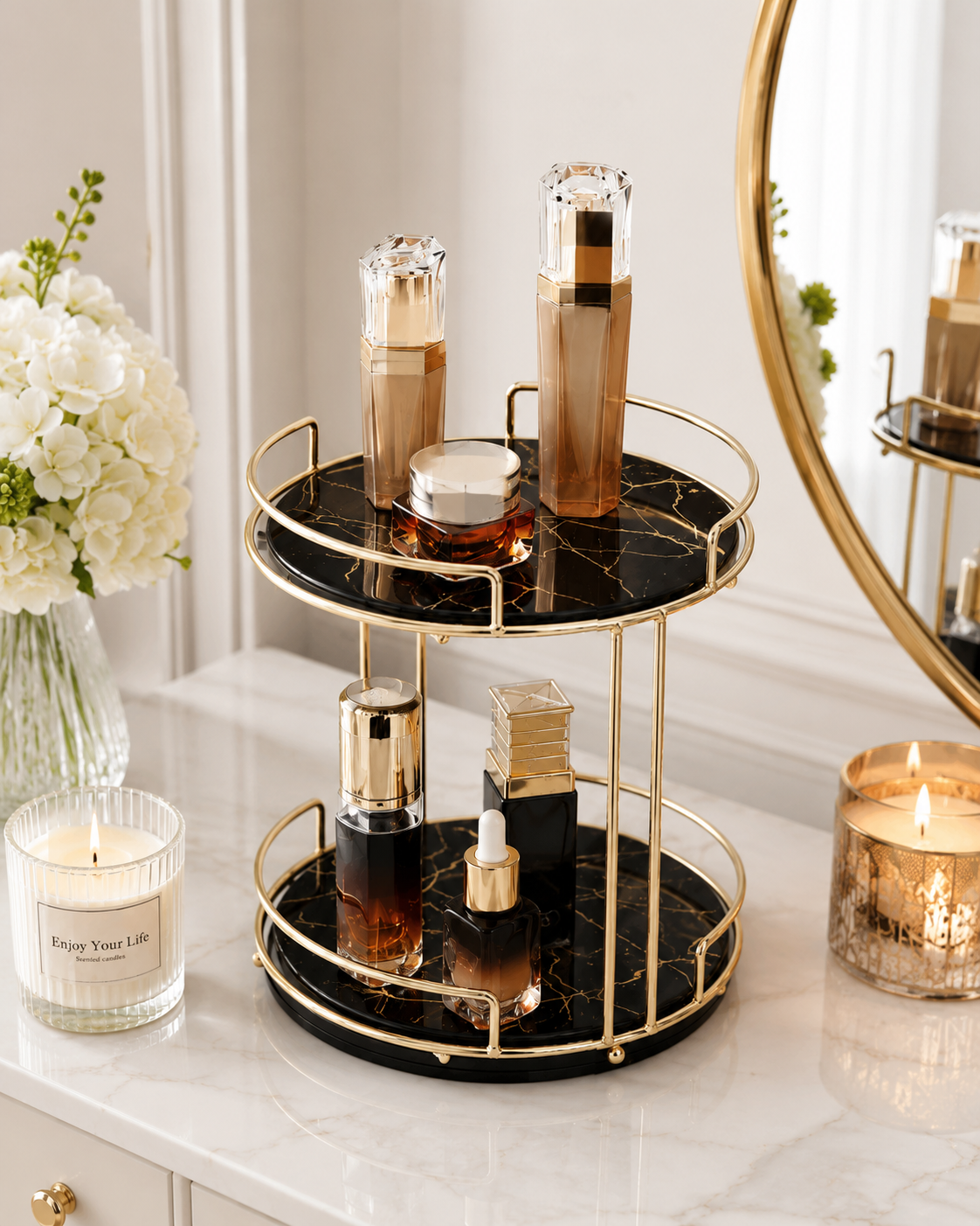 Luxury 2-Tier Cosmetic Organizer Stand – Gold Frame with Black & White Tray