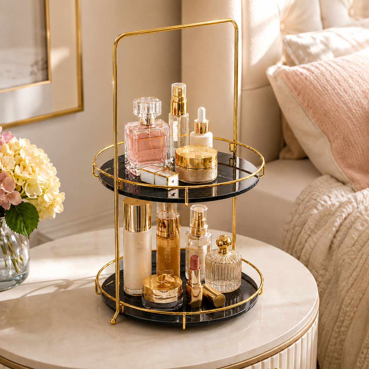 Luxury 2 Tier Black Marble Cosmetic Organizer Tray with Golden Stand
