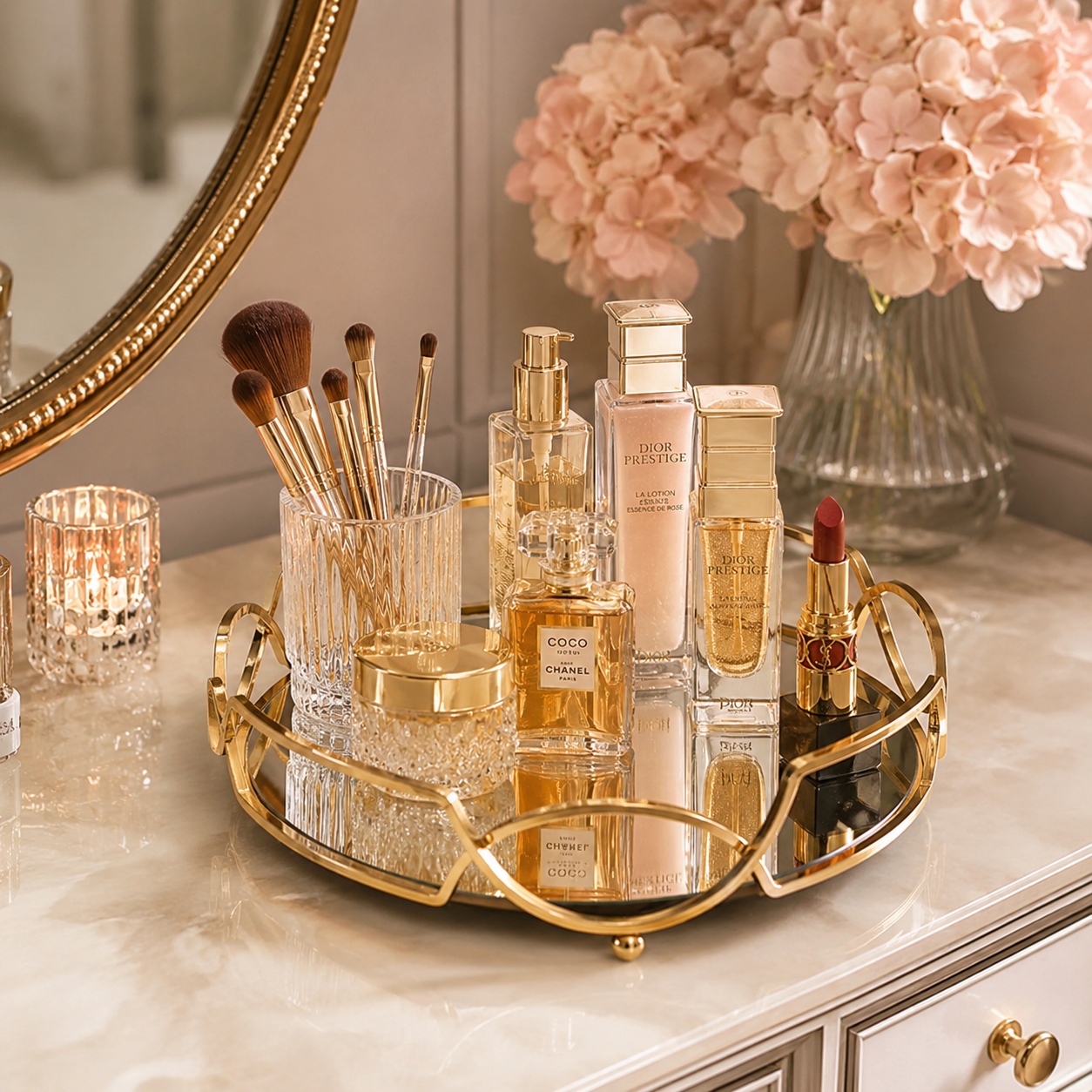 Round Shape Metal & Glass Cosmetics Storage Tray – Elegant Vanity Organizer