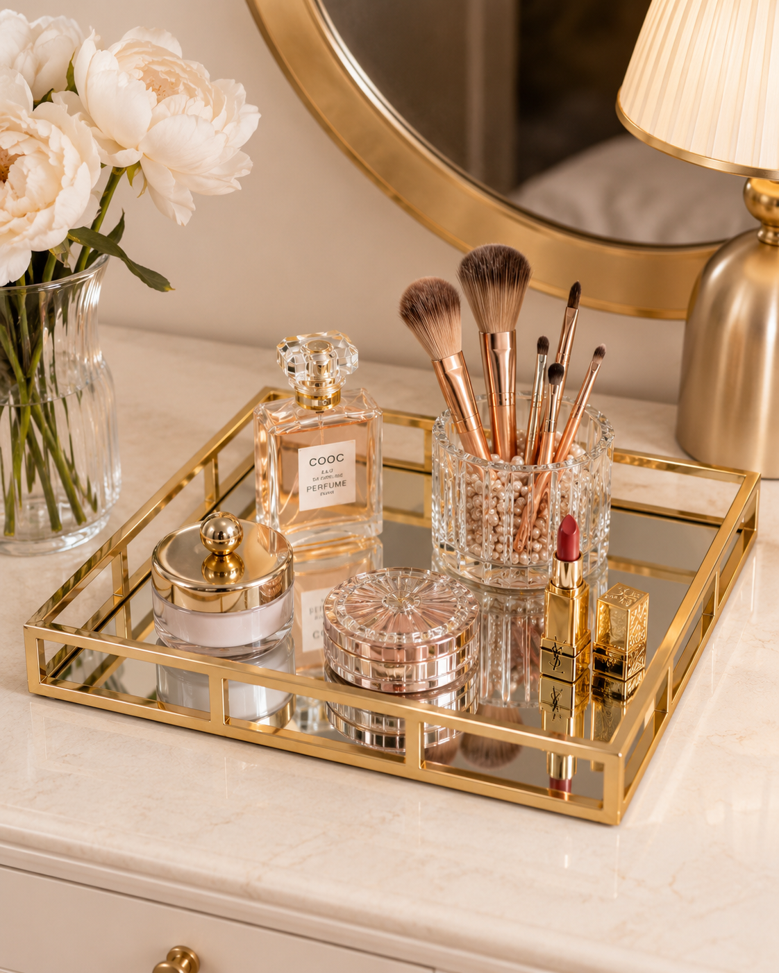 Luxury Gold Mirror Tray – Cosmetic & Perfume Organizer