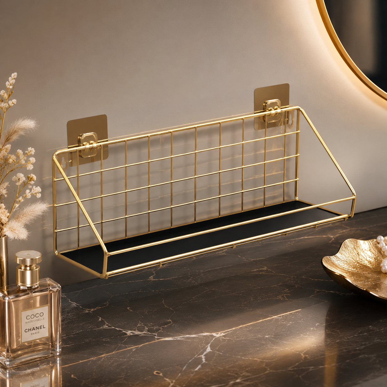 Luxury Gold Wall Mounted Cosmetic Organizer Rack – White & Black Tray