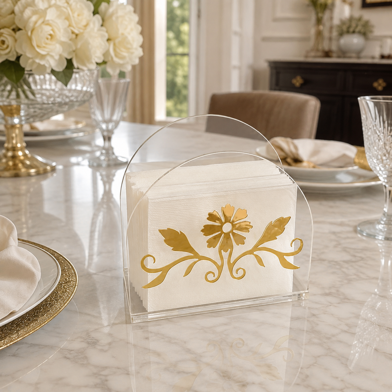 Luxury Golden Floral Acrylic Tissue Organizer
