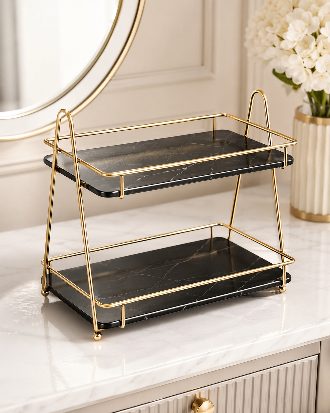 Luxury 2-Tier Cosmetic Organizer Stand – Gold Frame Vanity Tray