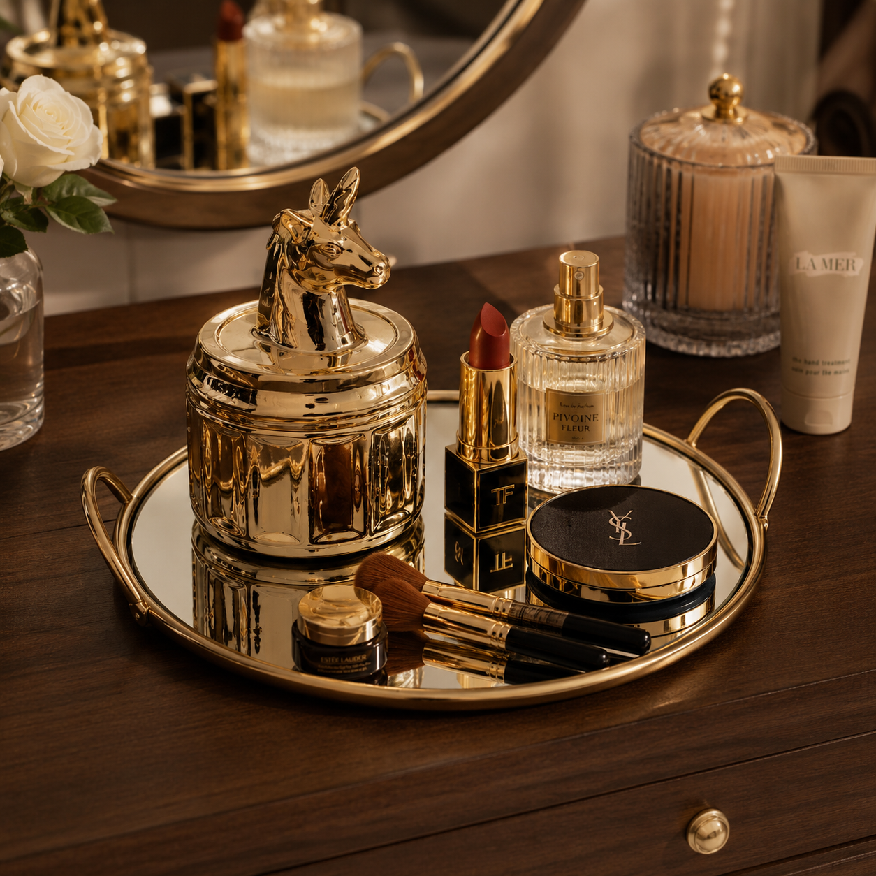 Single Makeup Organizer Round Mirror Tray – Elegant Vanity Storage Display