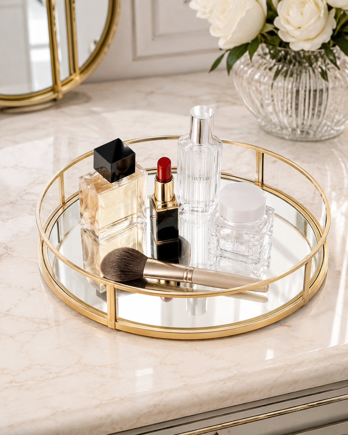 Luxury Gold Round Mirror Tray – Cosmetic & Perfume Organizer