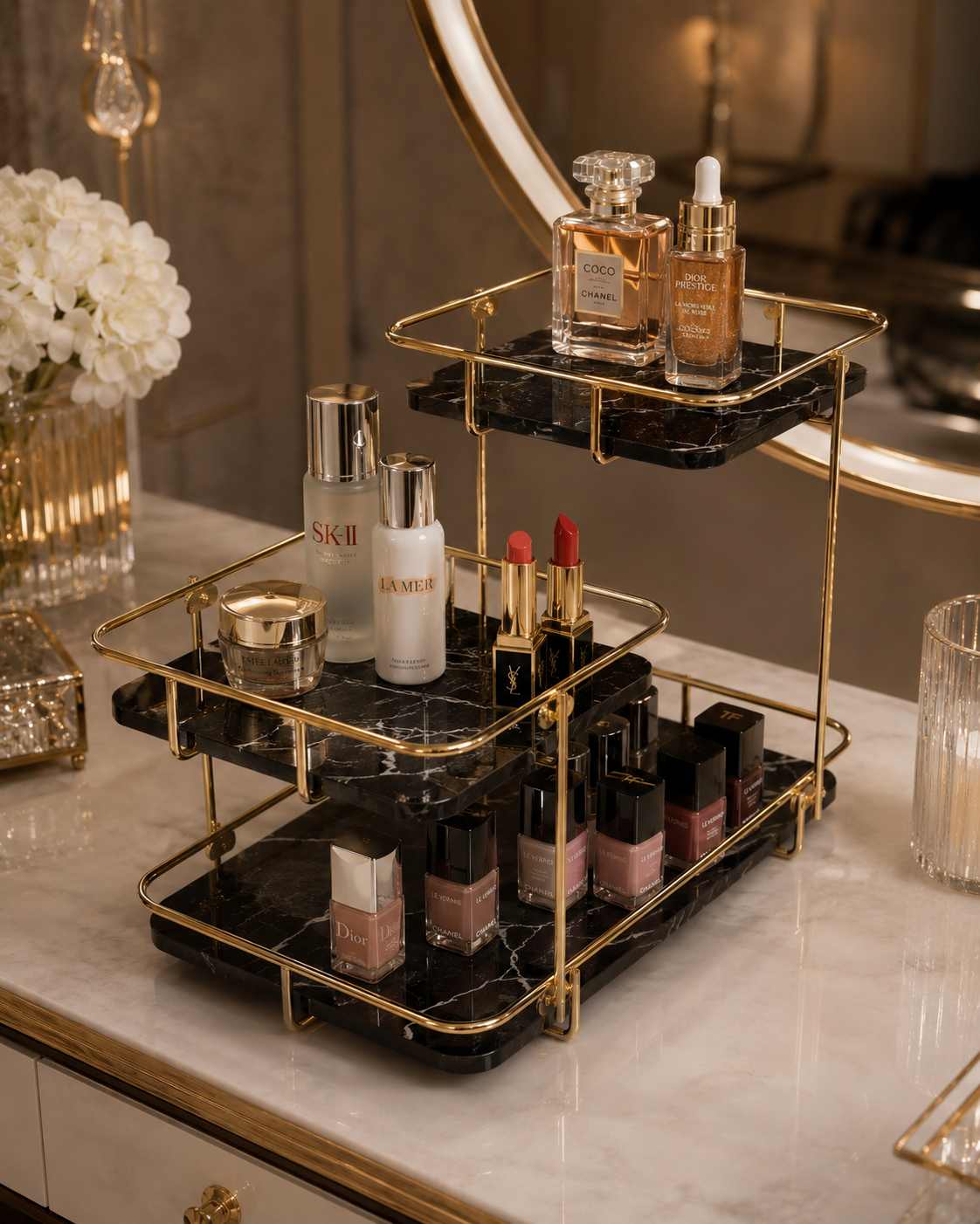 Luxury 3-Tier Marble Cosmetic Organizer Stand – Gold Frame Vanity Shelf