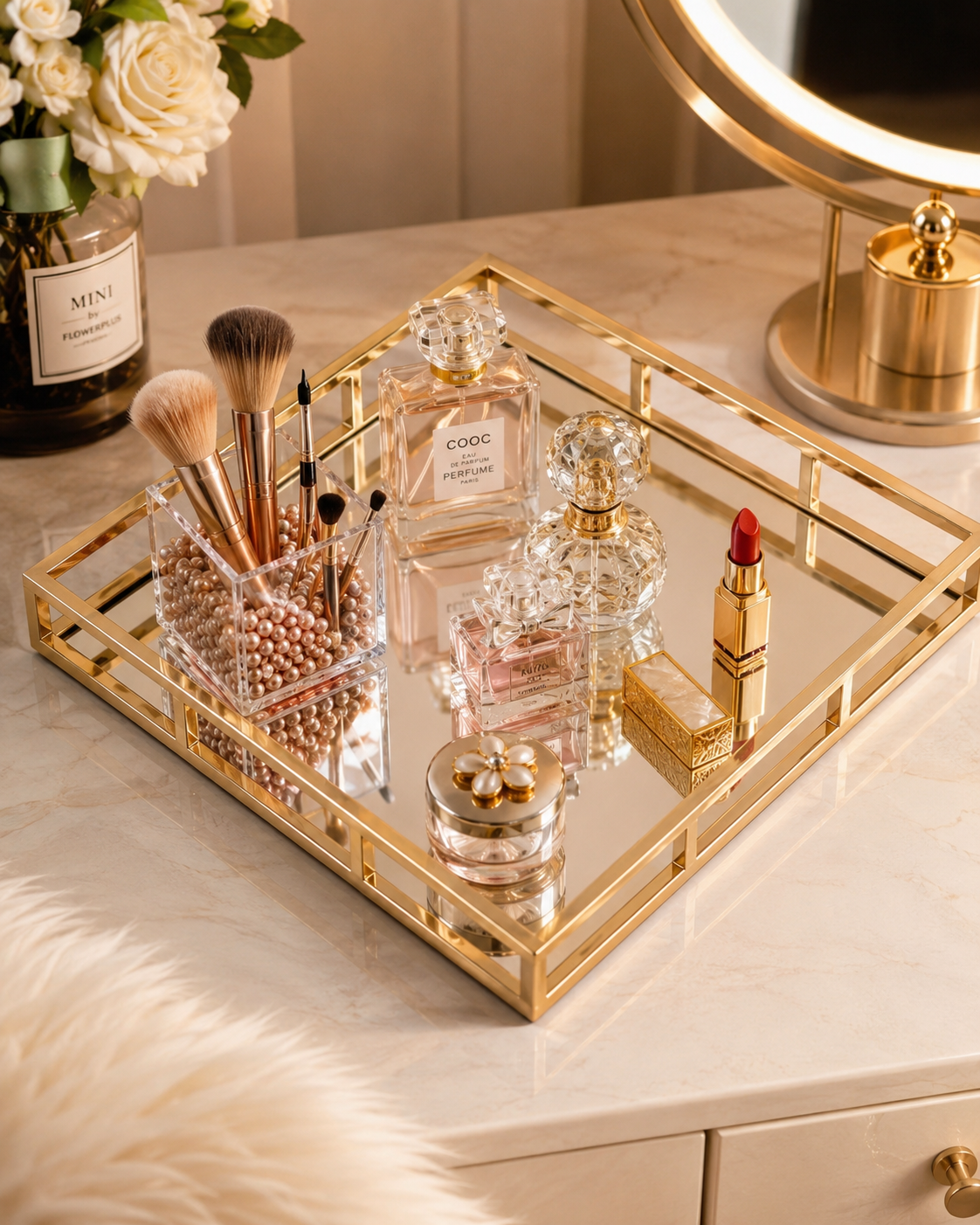 Luxury Gold Mirror Tray – Cosmetic & Perfume Organizer