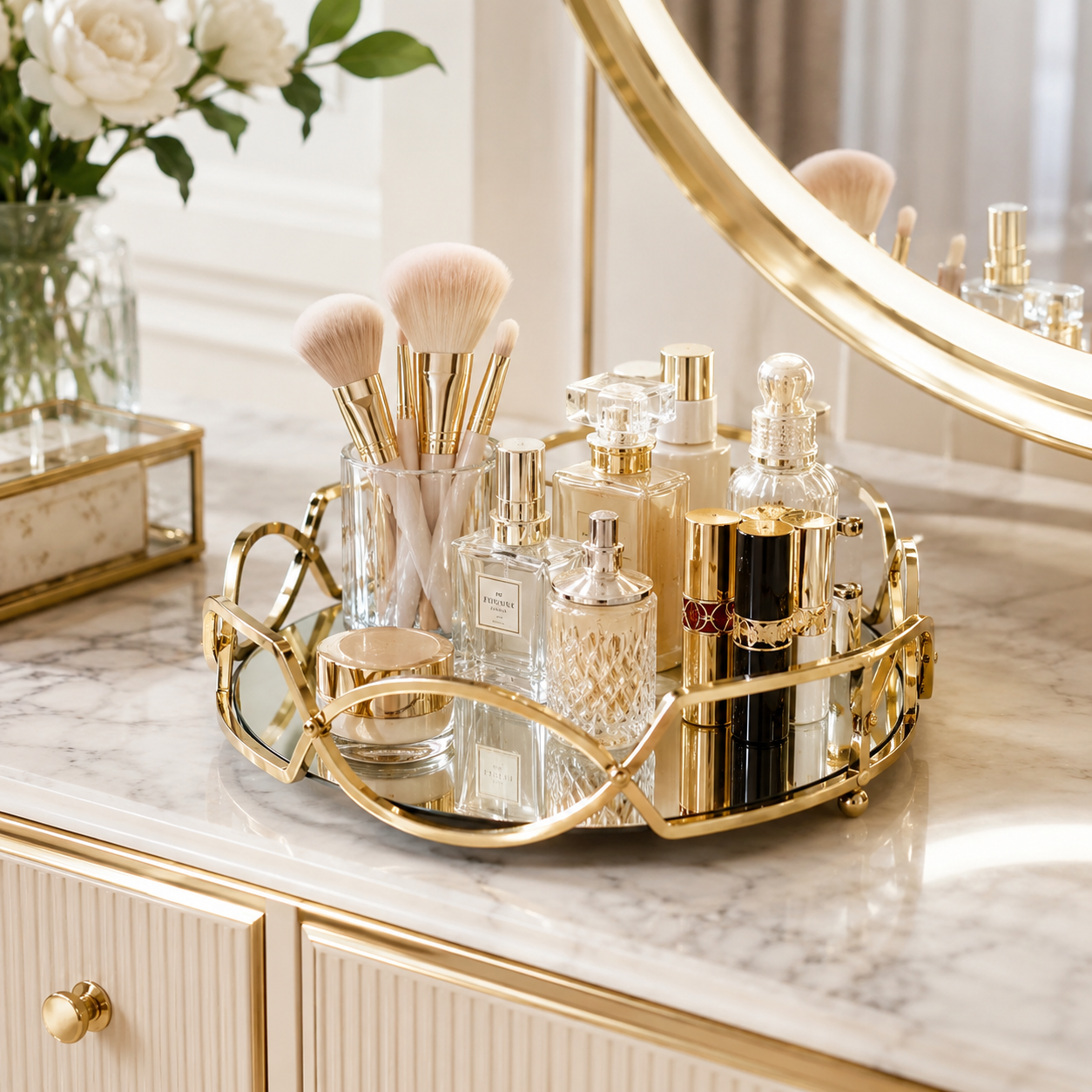 Round Shape Metal & Glass Cosmetics Storage Tray – Elegant Vanity Organizer