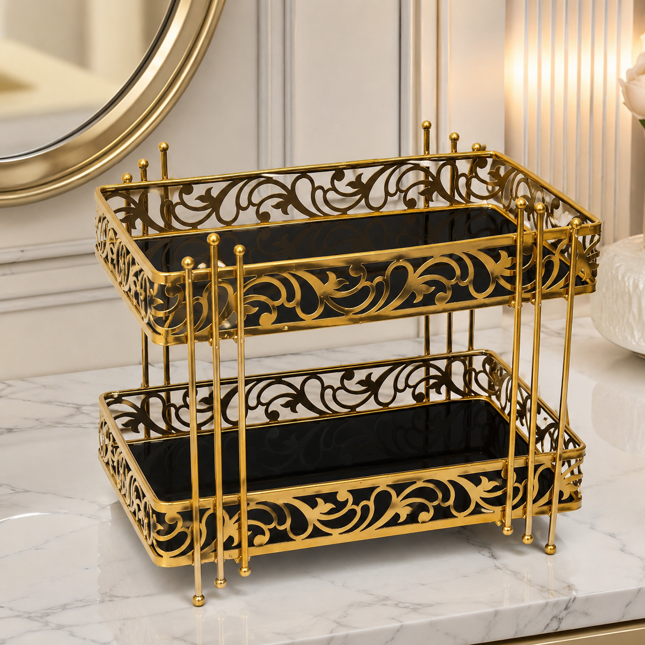 Luxury 2-Tier Gold Cosmetic Organizer Tray – White & Black Marble Design