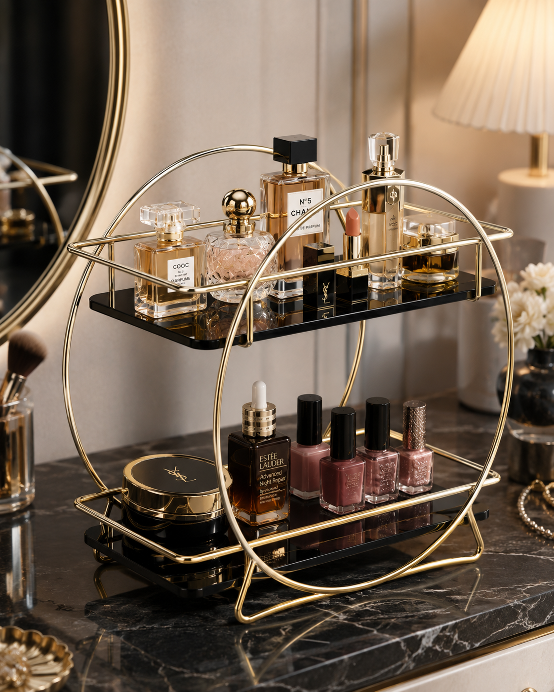 Luxury 2-Tier Gold  Makeup & Skincare Organizer Rack for Bathroom Countertop