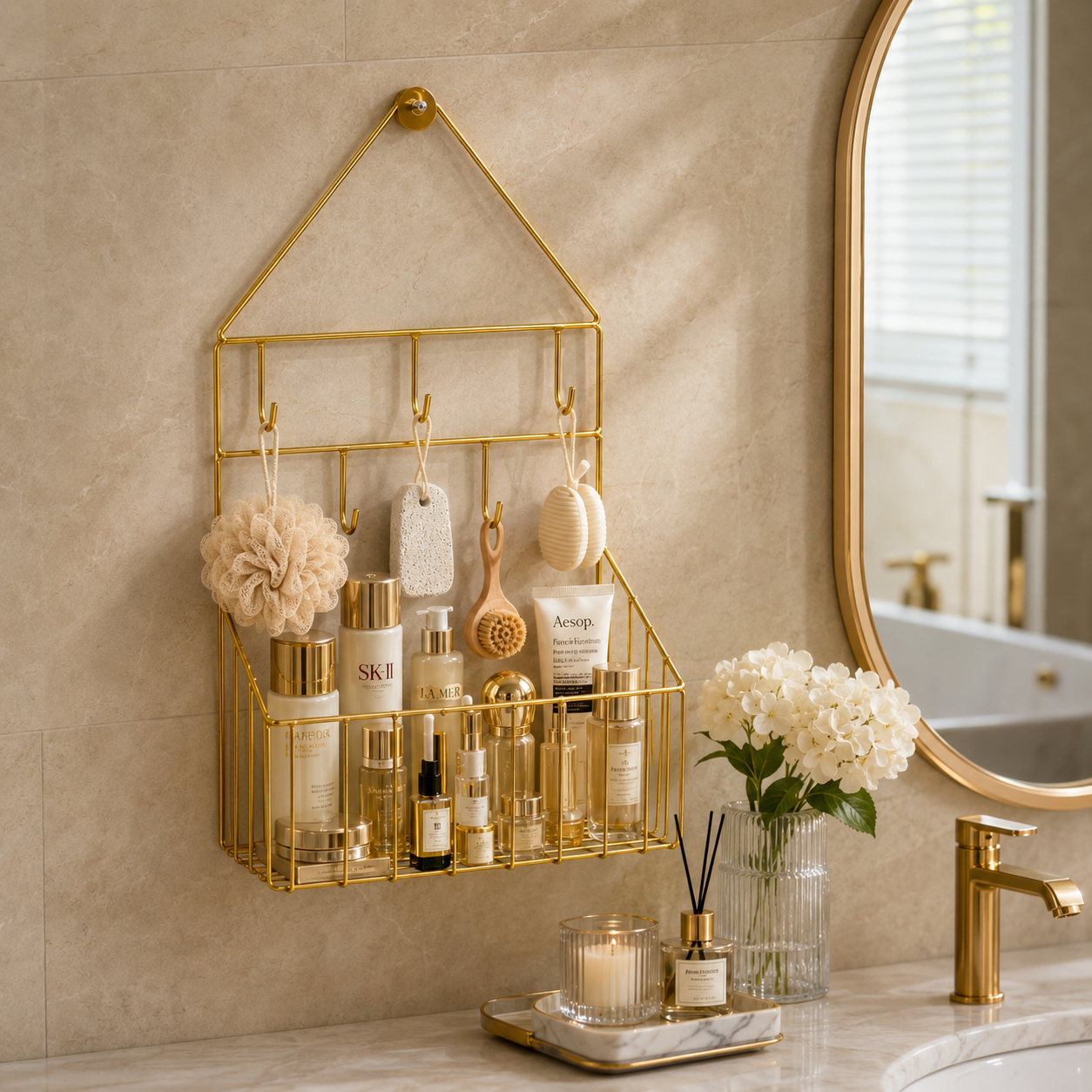 Luxury Golden Wall-Mounted Bathroom Organizer with Hooks