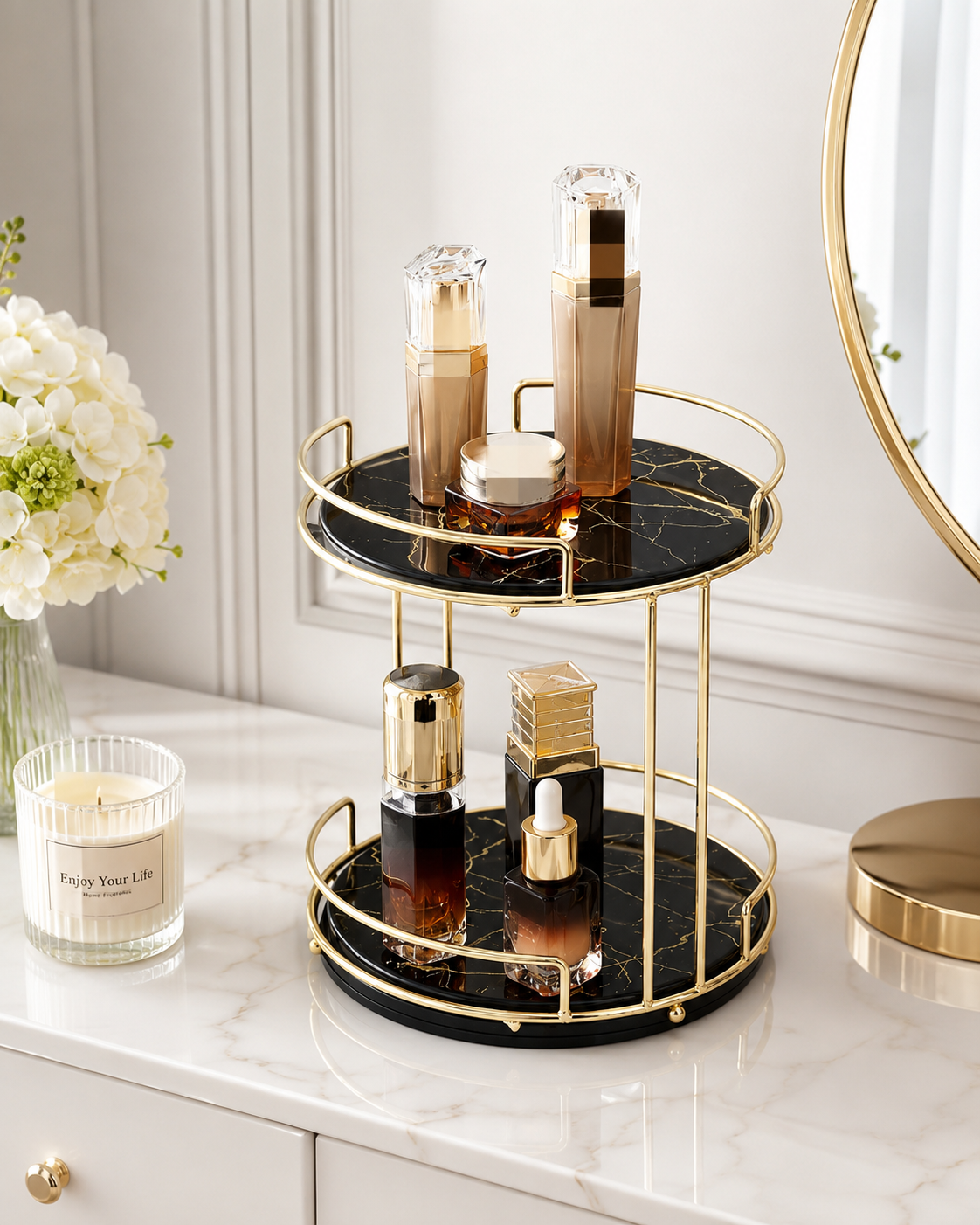 Luxury 2-Tier Cosmetic Organizer Stand – Gold Frame with Black & White Tray