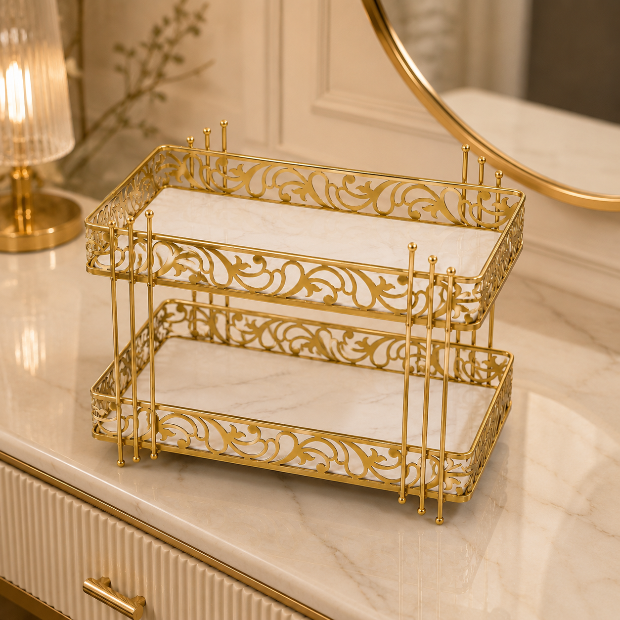 Luxury 2-Tier Gold Cosmetic Organizer Tray – White & Black Marble Design