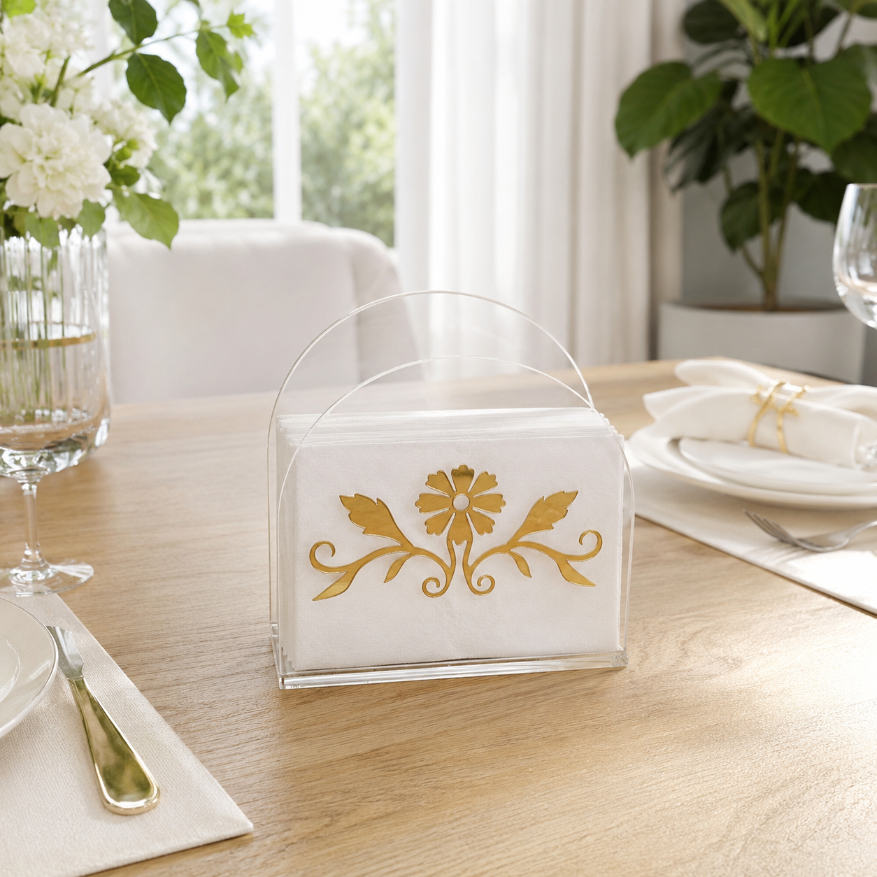 Luxury Golden Floral Acrylic Tissue Organizer