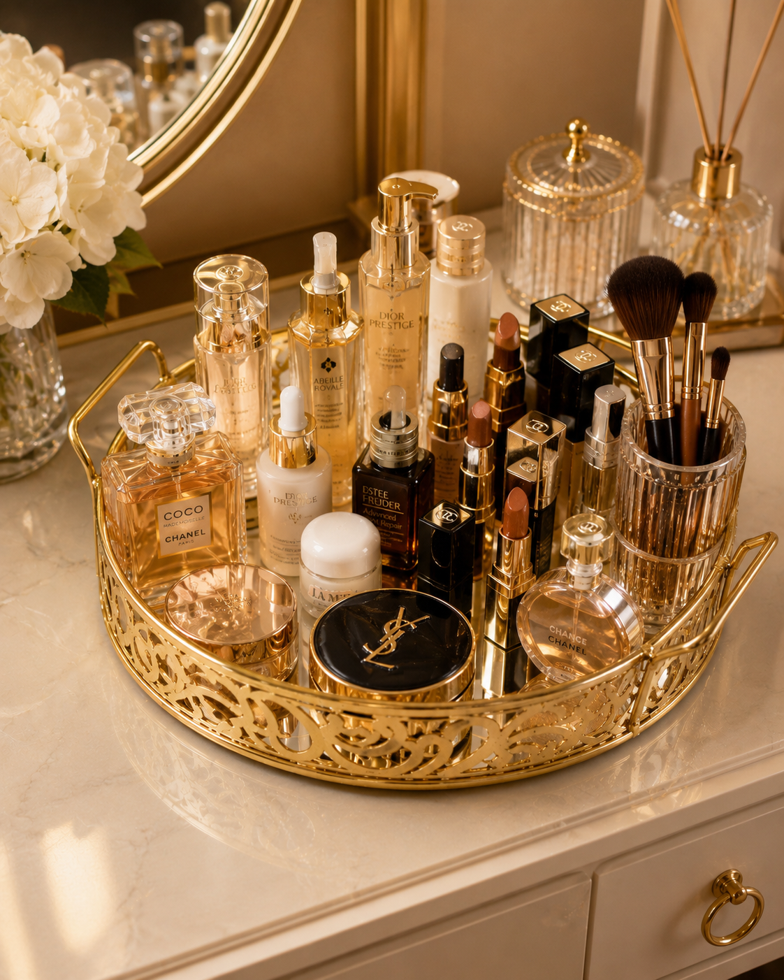 Luxury Golden Round Mirror Tray with Handles