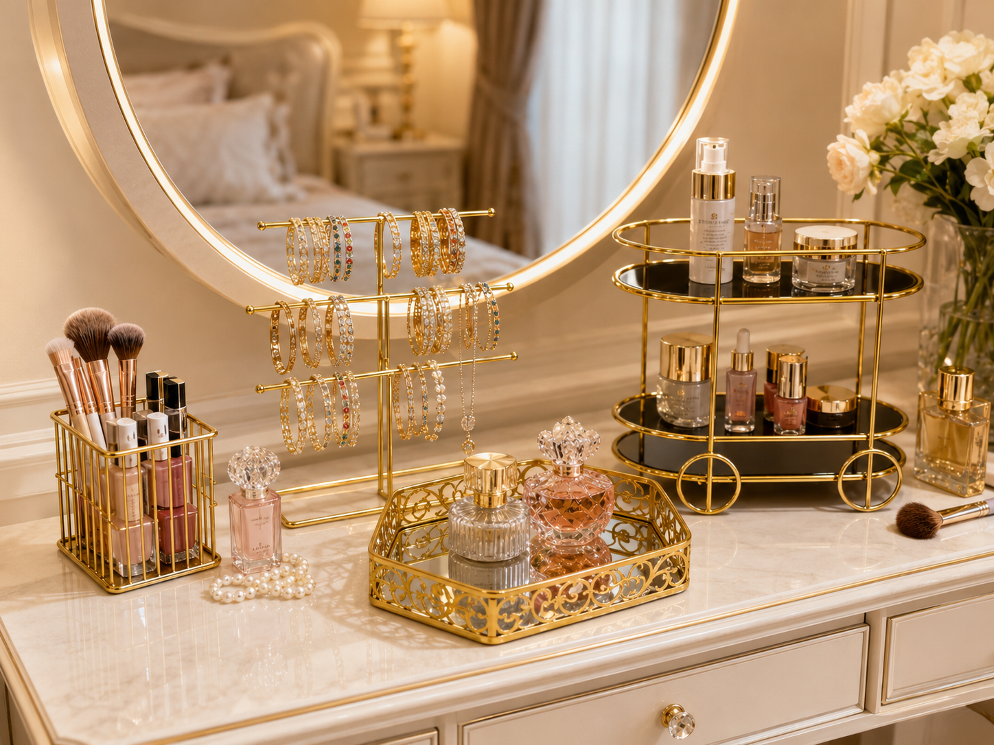 Deal No 4-Luxury Gold Vanity Organizer - 4 Pcs Makeup & Jewelry Storage Set
