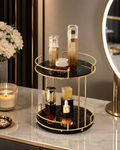 Luxury 2-Tier Cosmetic Organizer Stand – Gold Frame with Black & White Tray