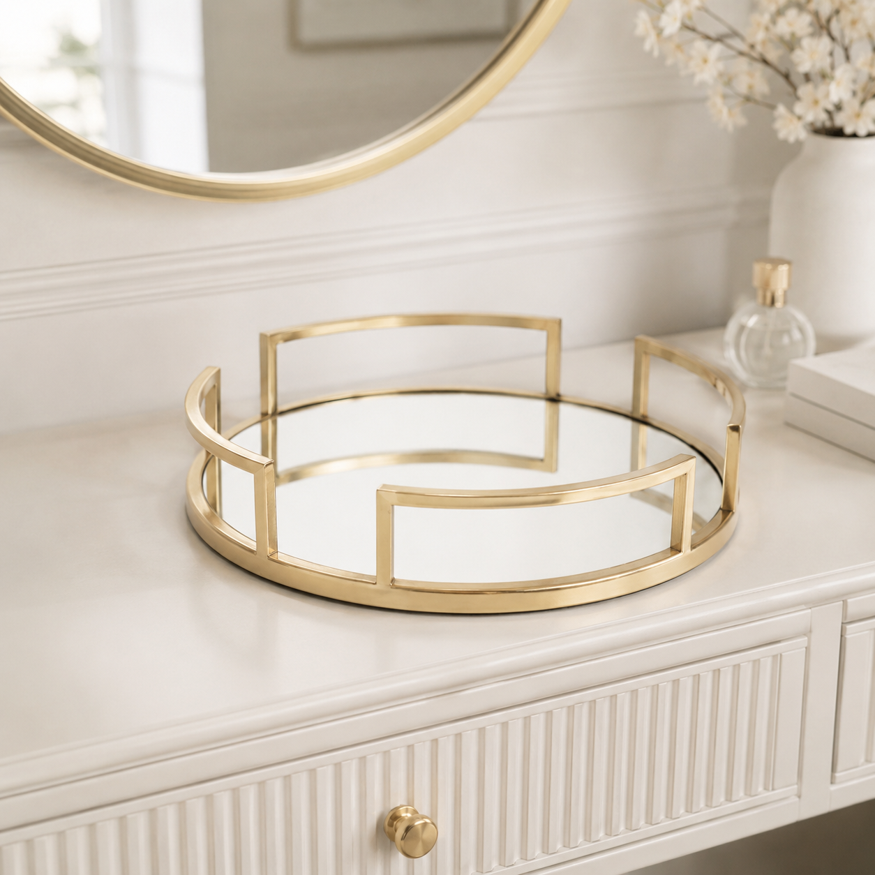 Luxury Gold Round Mirror Cosmetic Organizer Tray