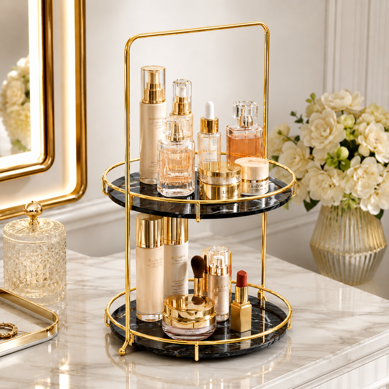 Luxury 2 Tier Black Marble Cosmetic Organizer Tray with Golden Stand