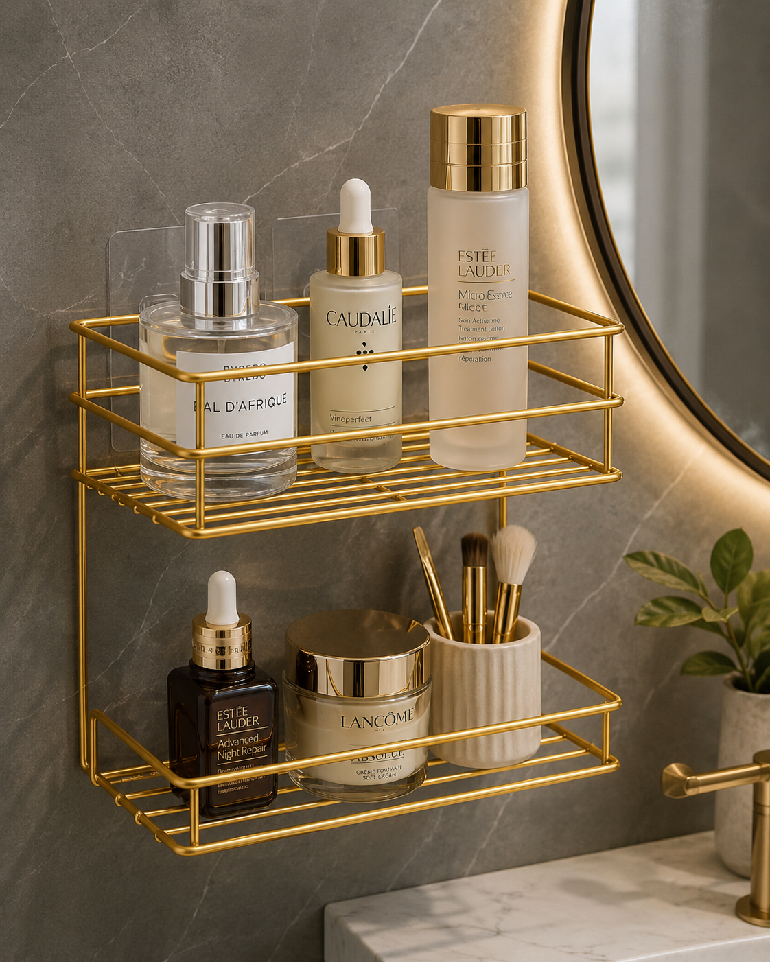 Luxury Gold Wall Mounted 2-Tier Bathroom & Cosmetic Organizer Rack