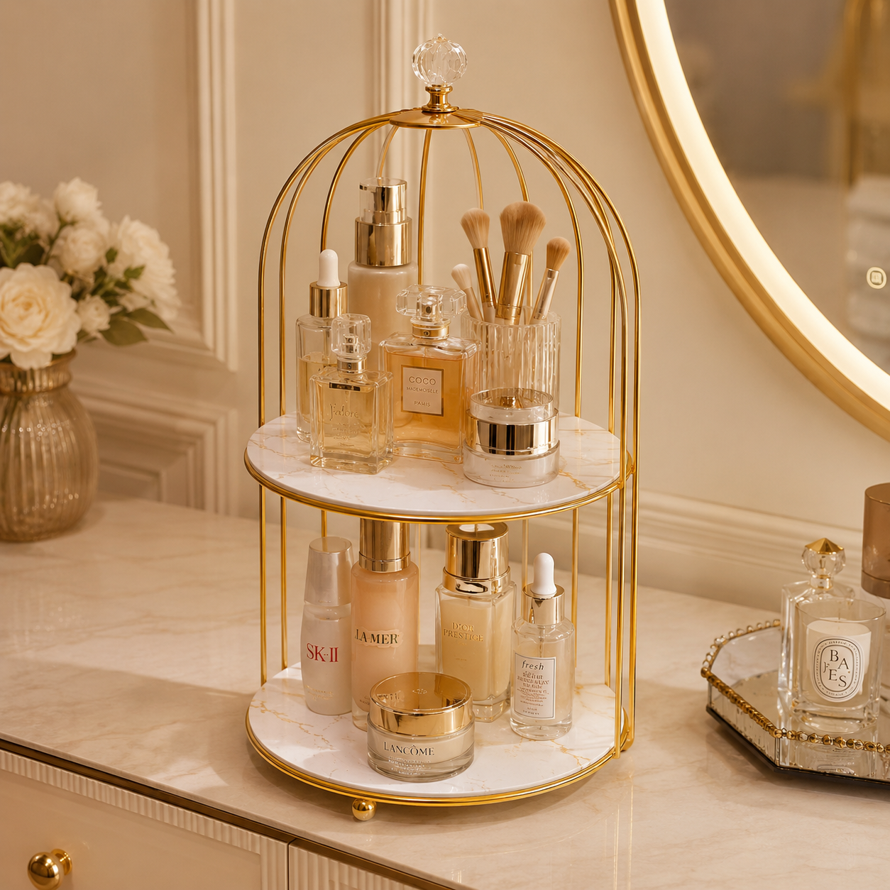 2 Layers Cosmetics Cage Organizer – Elegant Vanity & Makeup Storage Rack