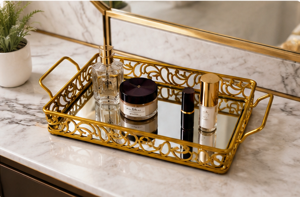 Luxury Golden Rectangular Mirror Tray with Handles