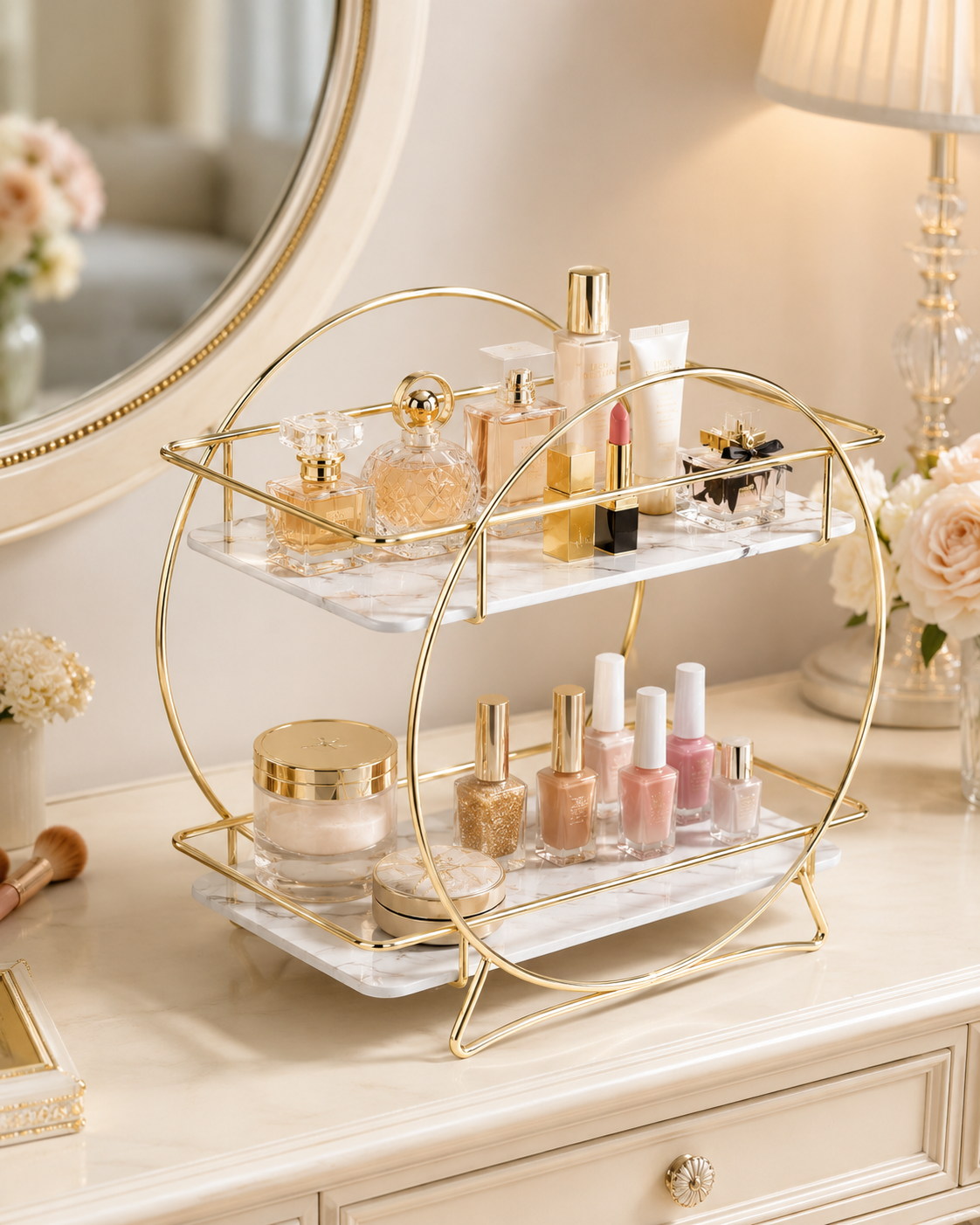 Luxury 2-Tier Gold  Makeup & Skincare Organizer Rack for Bathroom Countertop