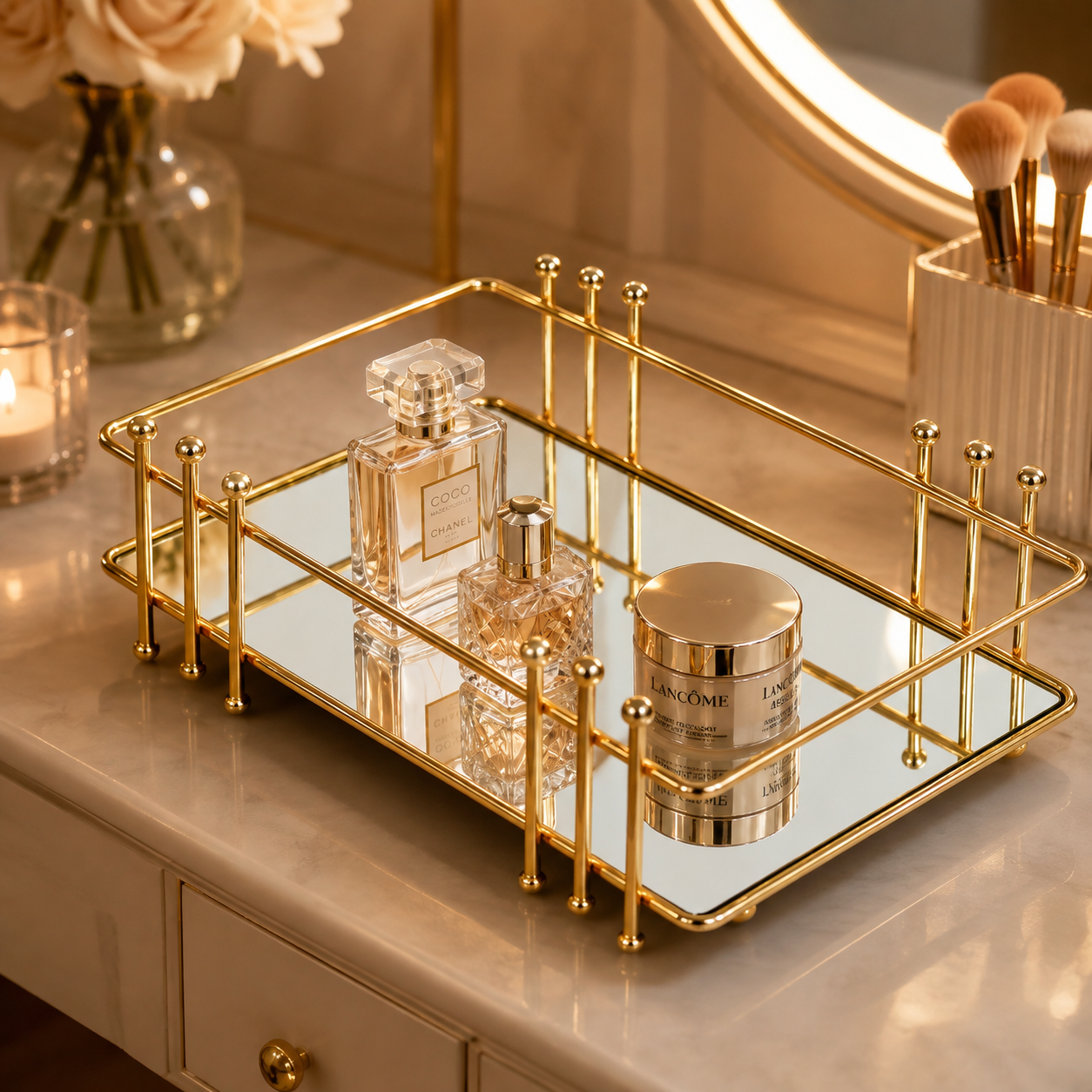 Luxury Golden Mirror Vanity Tray – Elegant Cosmetic & Perfume Organizer