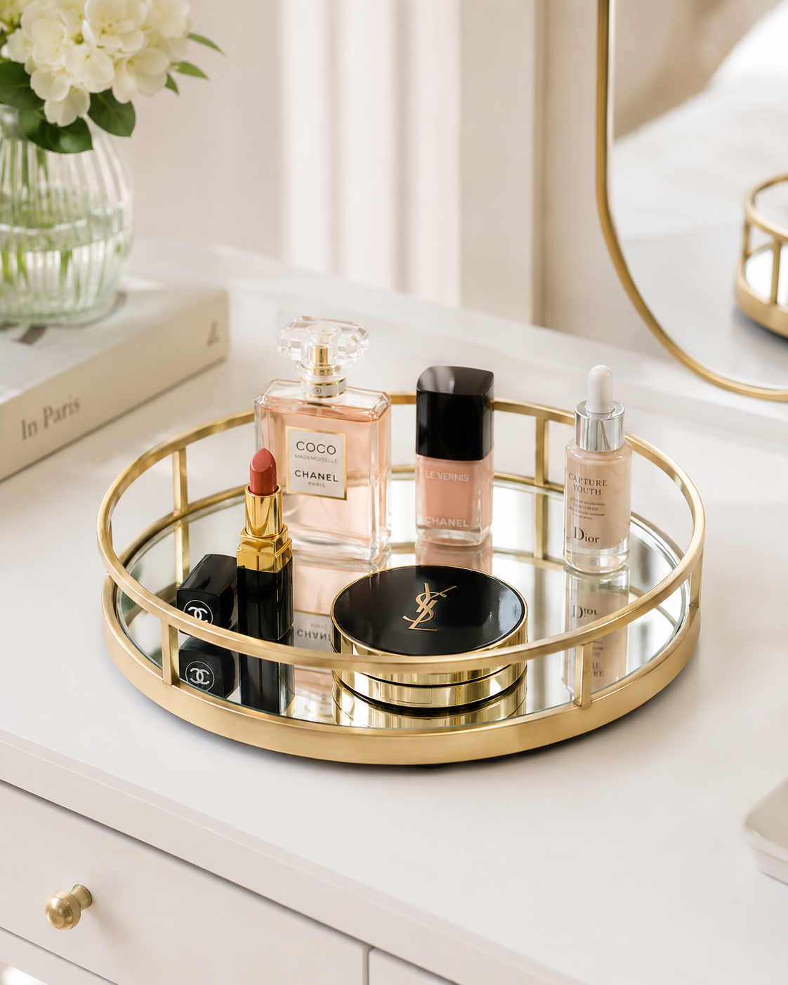 Luxury Gold Round Mirror Tray – Cosmetic & Perfume Organizer