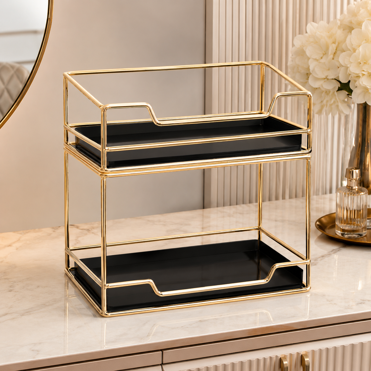 Luxury 2 Tier Gold Cosmetic Organizer Tray