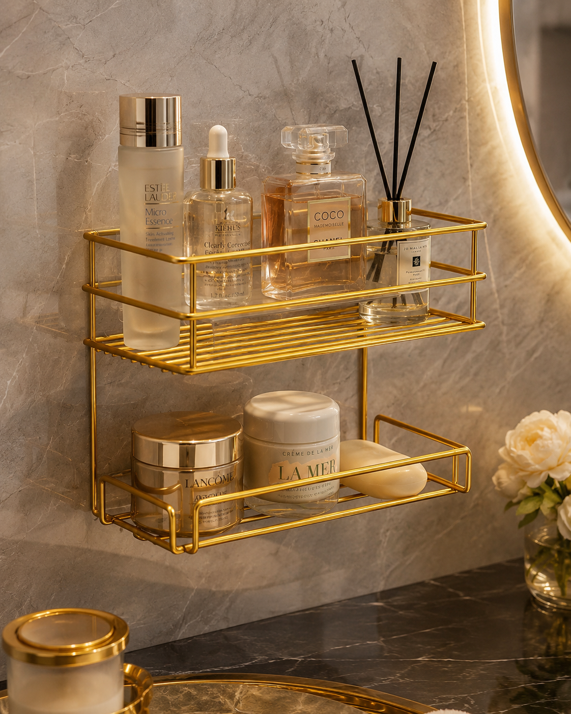 Luxury Gold Wall Mounted 2-Tier Bathroom & Cosmetic Organizer Rack