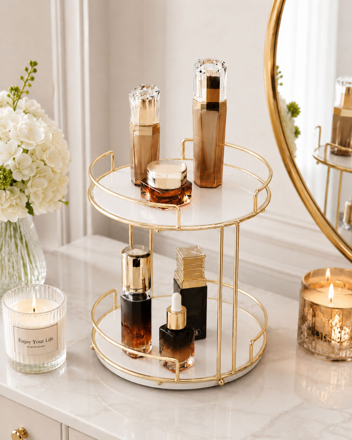 Luxury 2-Tier Cosmetic Organizer Stand – Gold Frame with Black & White Tray