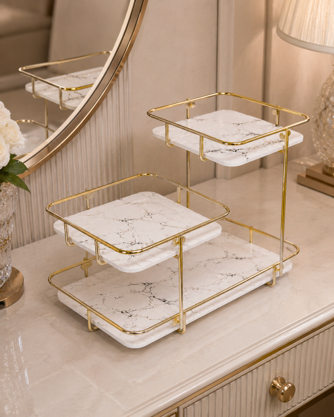 Luxury 3-Tier Marble Cosmetic Organizer Stand – Gold Frame Vanity Shelf