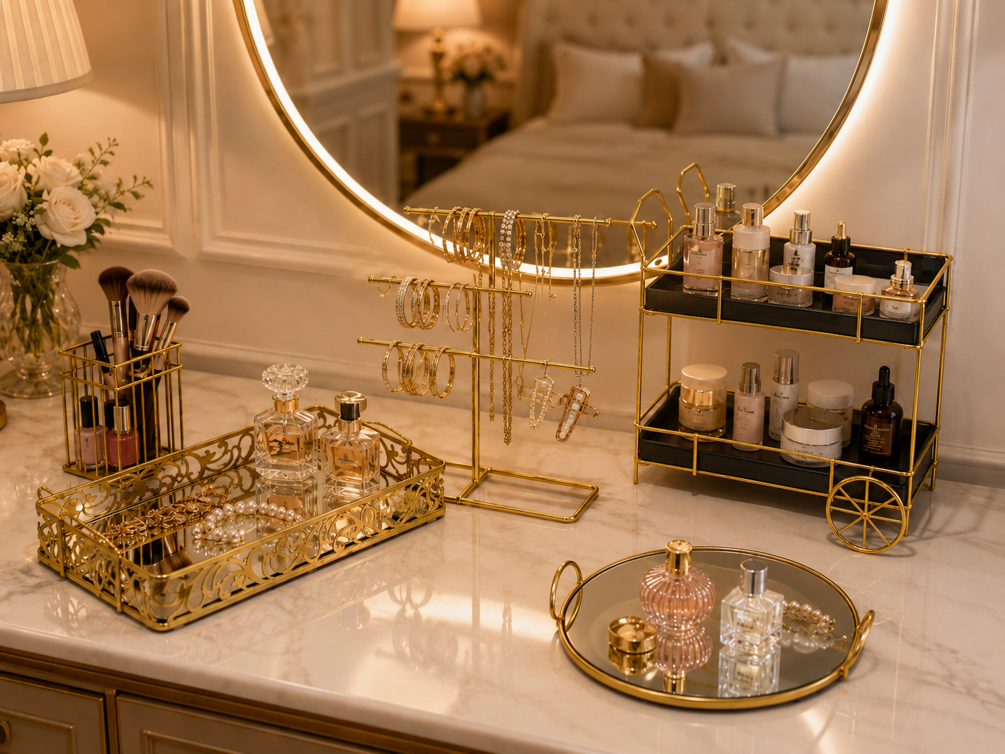 Deal No 5 Luxury Gold Vanity Organizer – 5 Pcs Makeup & Jewelry Storage Set
