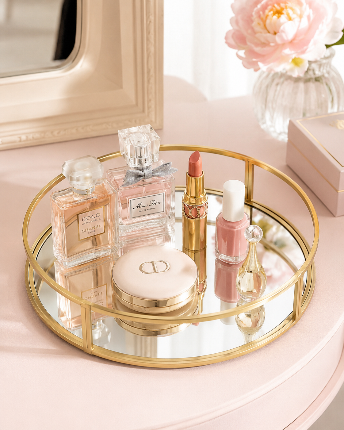 Luxury Gold Round Mirror Tray – Cosmetic & Perfume Organizer