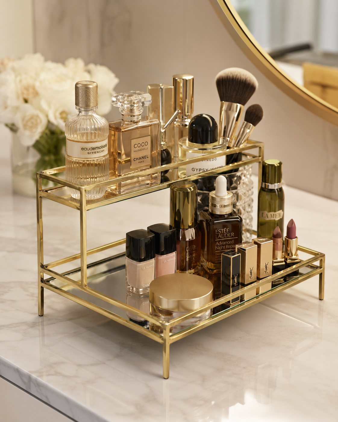 Gold Mirror Cosmetic Organizer Tray – Vanity Makeup & Perfume Stand