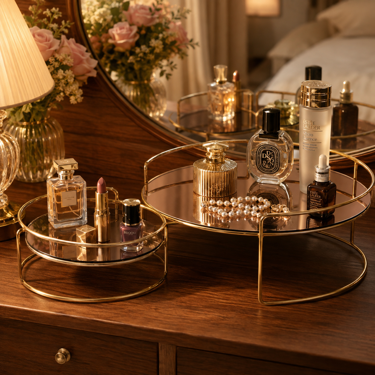 Luxury Golden Round Mirror Cosmetic & Jewelry Organizer Tray Set
